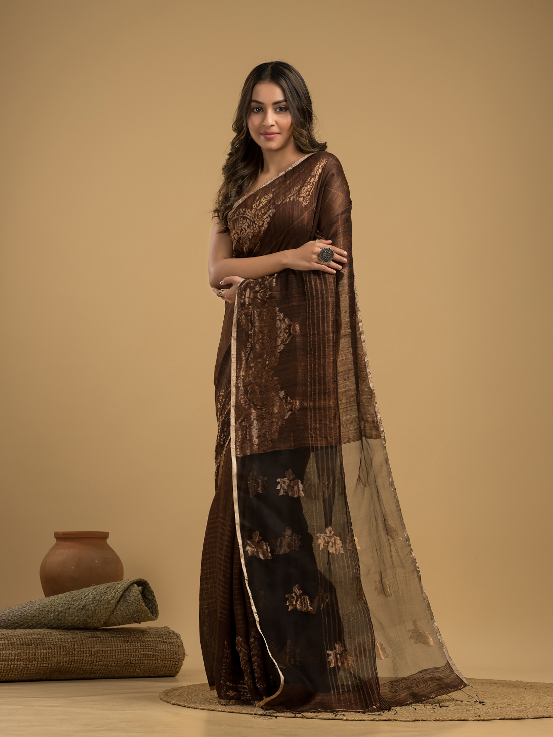 Matka Silk Jamdani Saree With Dark Brown and Black - 029