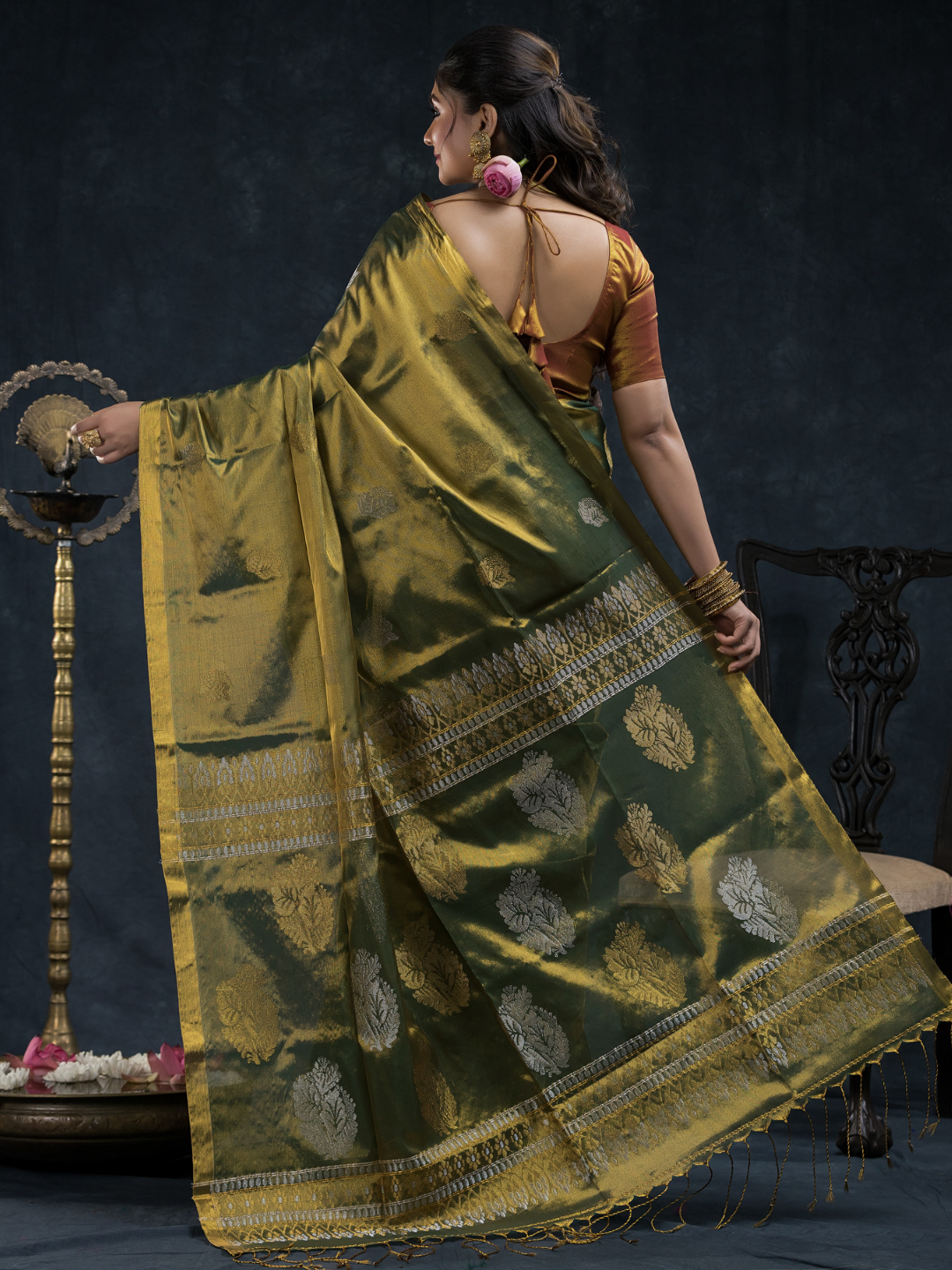 Tissue Silk Saree In Olive Green 026