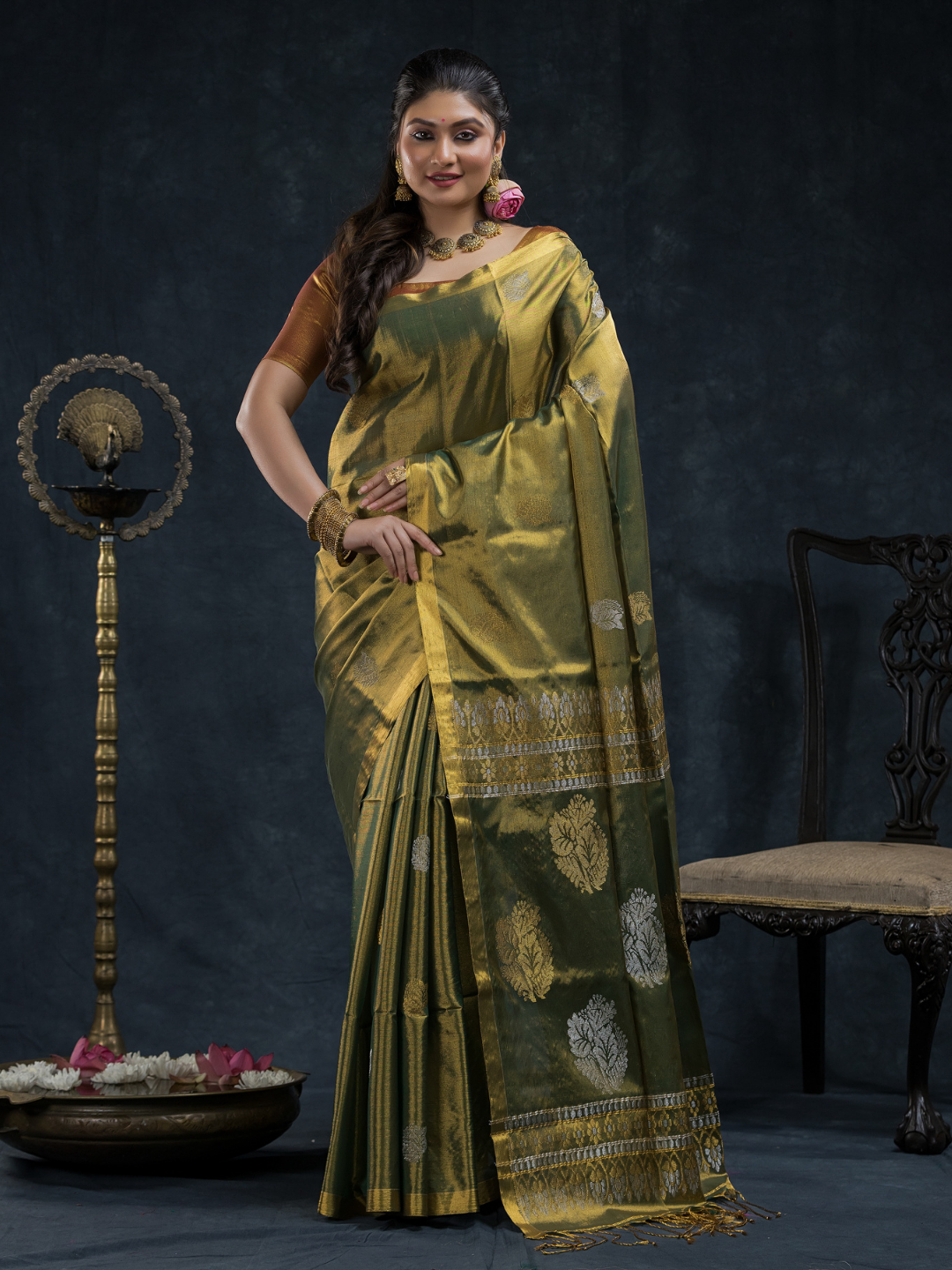 Tissue Silk Saree In Olive Green 026