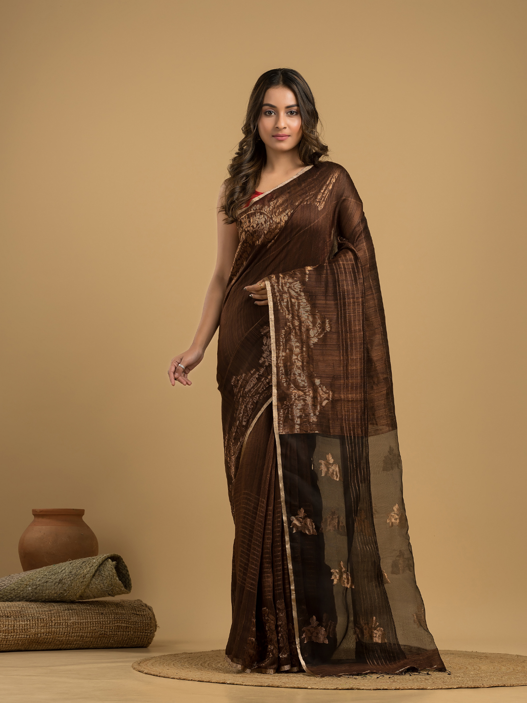 Matka Silk Jamdani Saree With Dark Brown and Black - 029