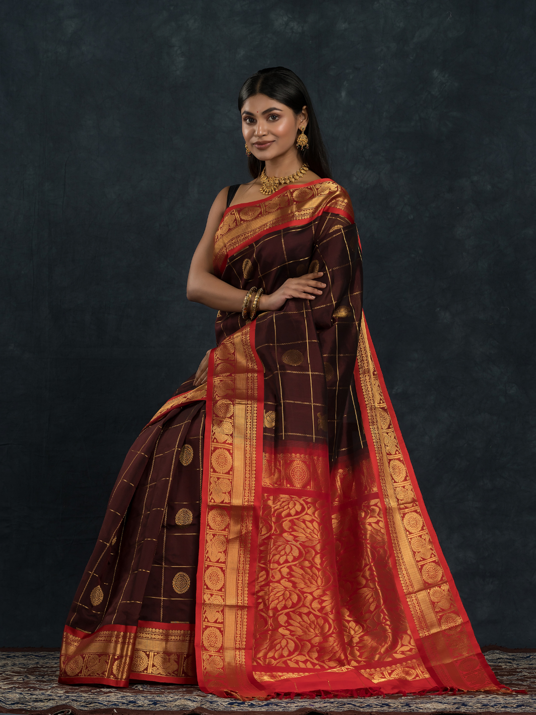 Korvai Saree With Dark Brown and Golden Red Border - 123