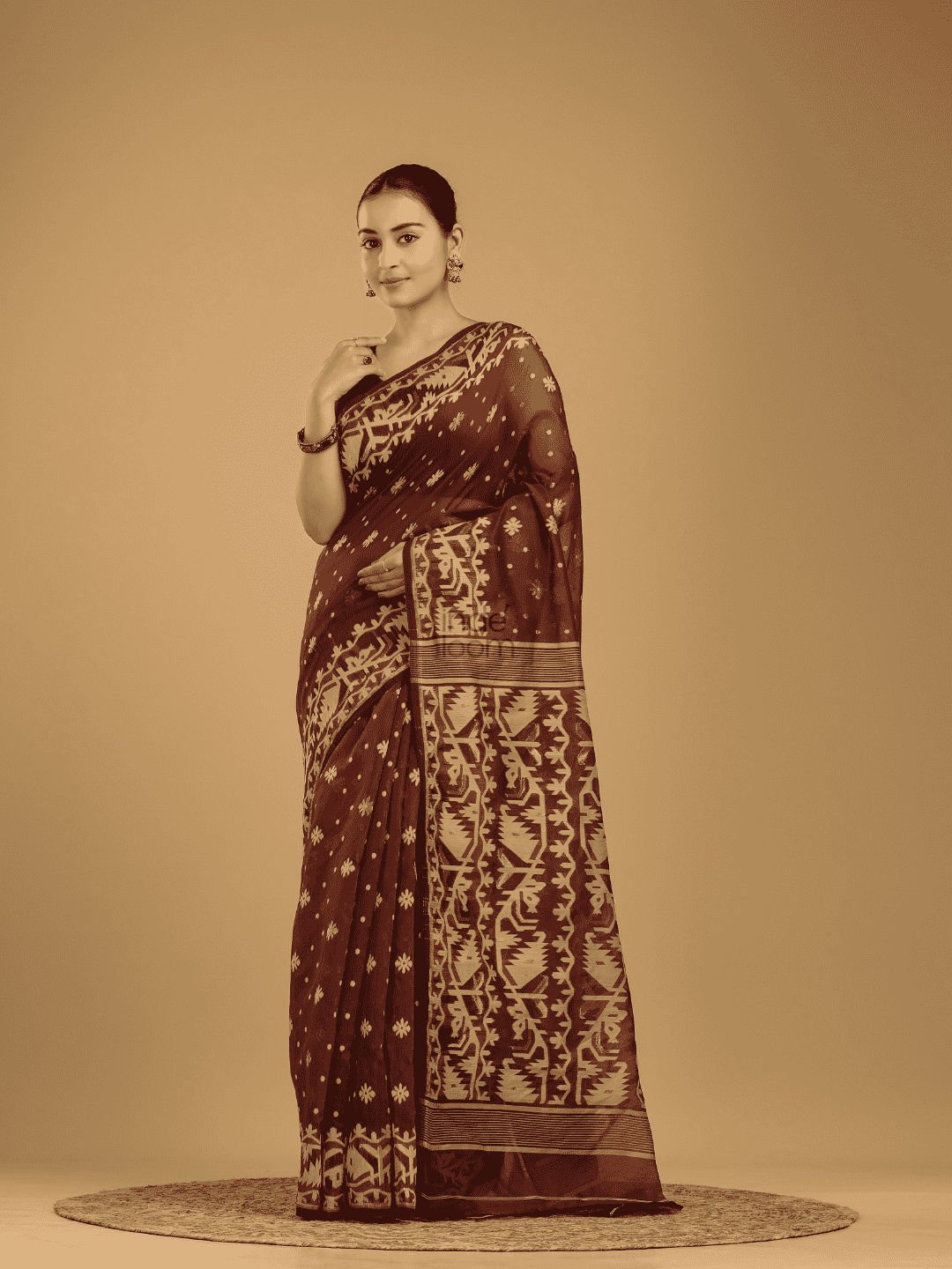 Dark Brown Soft Silk Jamdani Saree - 003