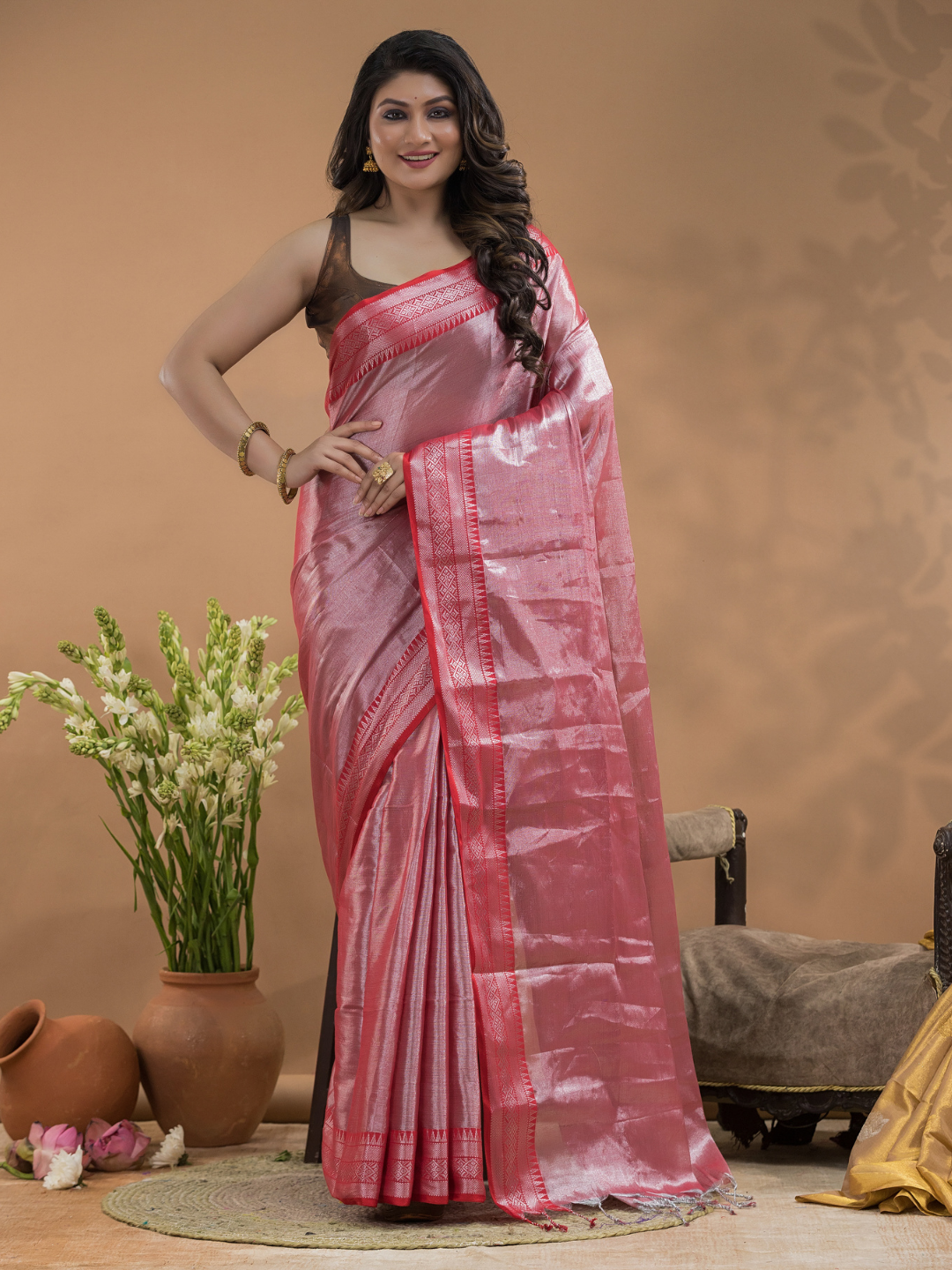 Rose Pink with Pink Border Tissue Silk Saree-028