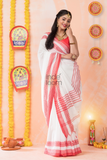 Durga Puja Saree  with Red Lines and Red border.-033