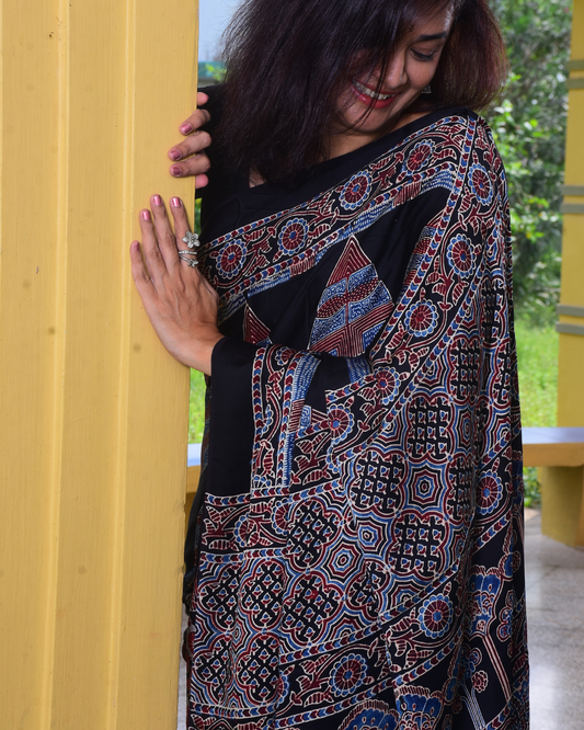 Ajrakh Exclusive Designer Modal Silk in Black, Blue and Maroon with Intricate Pattern - 032