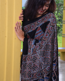 Ajrakh Exclusive Designer Modal Silk in Black, Blue and Maroon with Intricate Pattern - 032