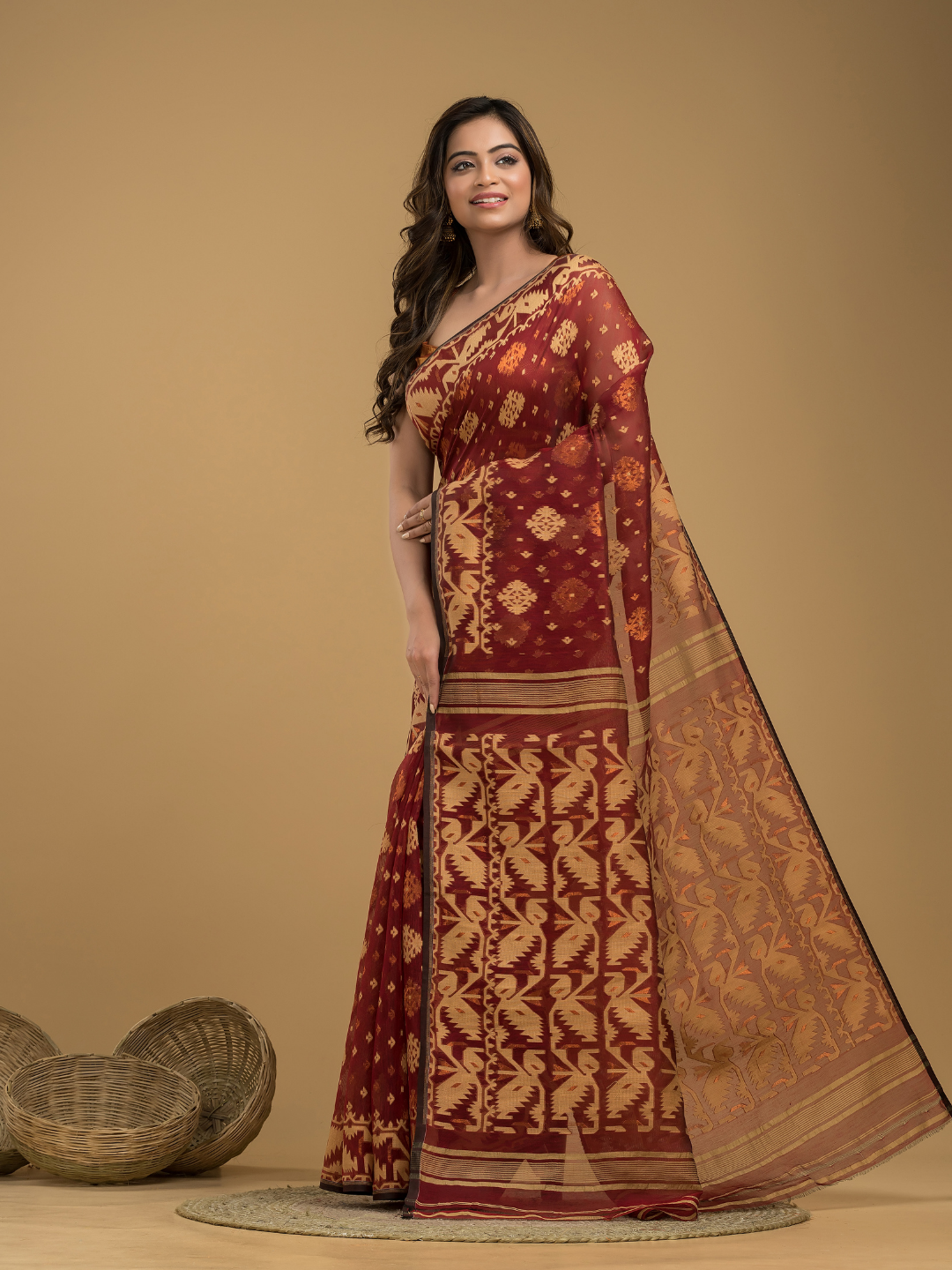 Umber Brown Cotton Silk Jamdani Saree - 022