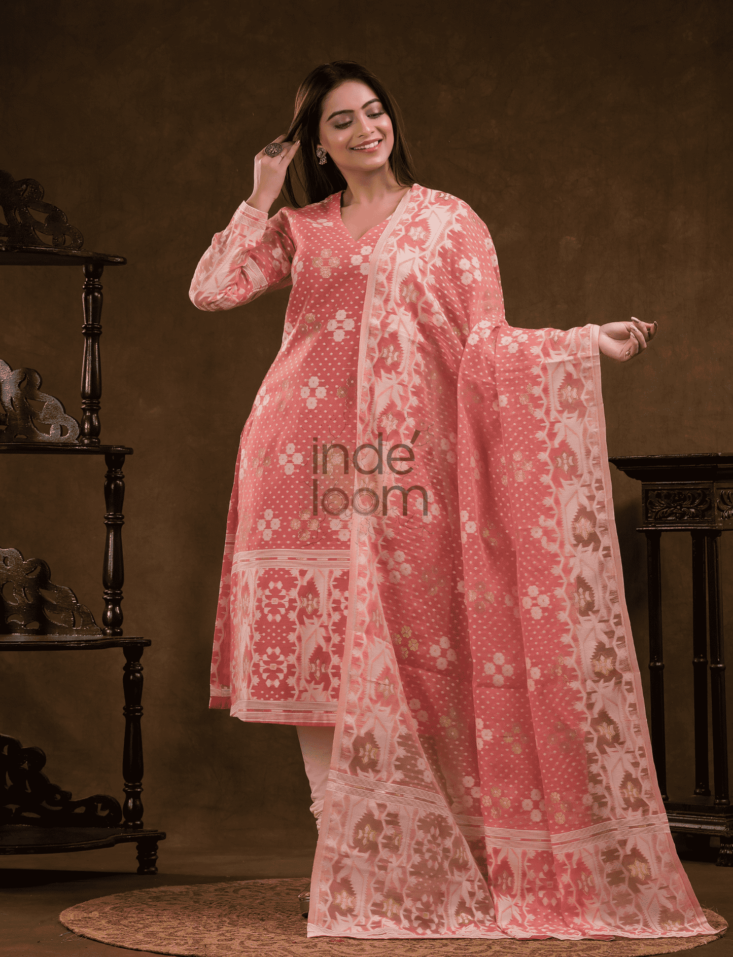 Coral Pink Cotton Silk Jamdani 2-Piece Set Kurti & Dupatta (UNSTITCHED) - 376