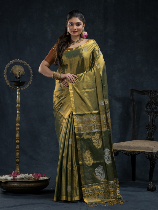 Tissue Silk Saree In Olive Green 026