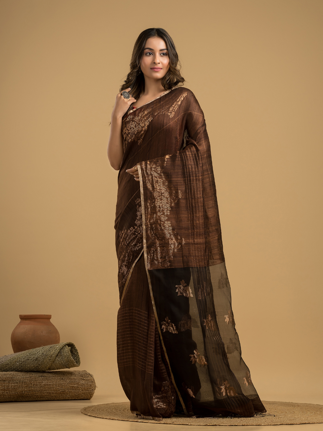 Matka Silk Jamdani Saree With Dark Brown and Black - 029