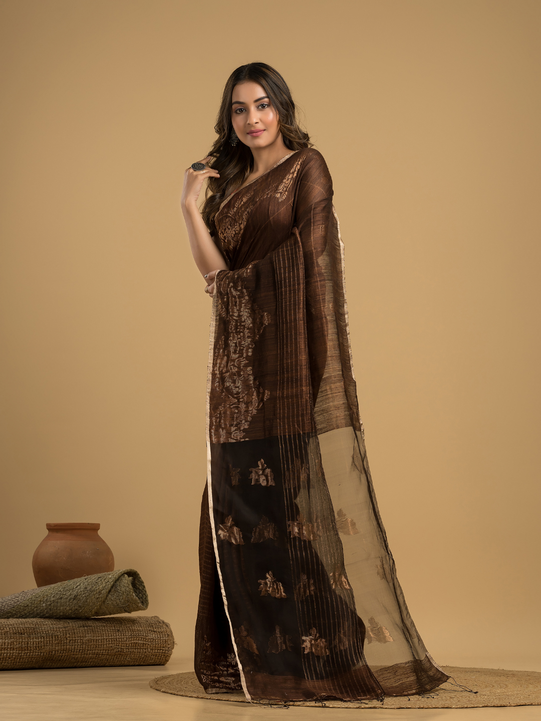 Matka Silk Jamdani Saree With Dark Brown and Black - 029