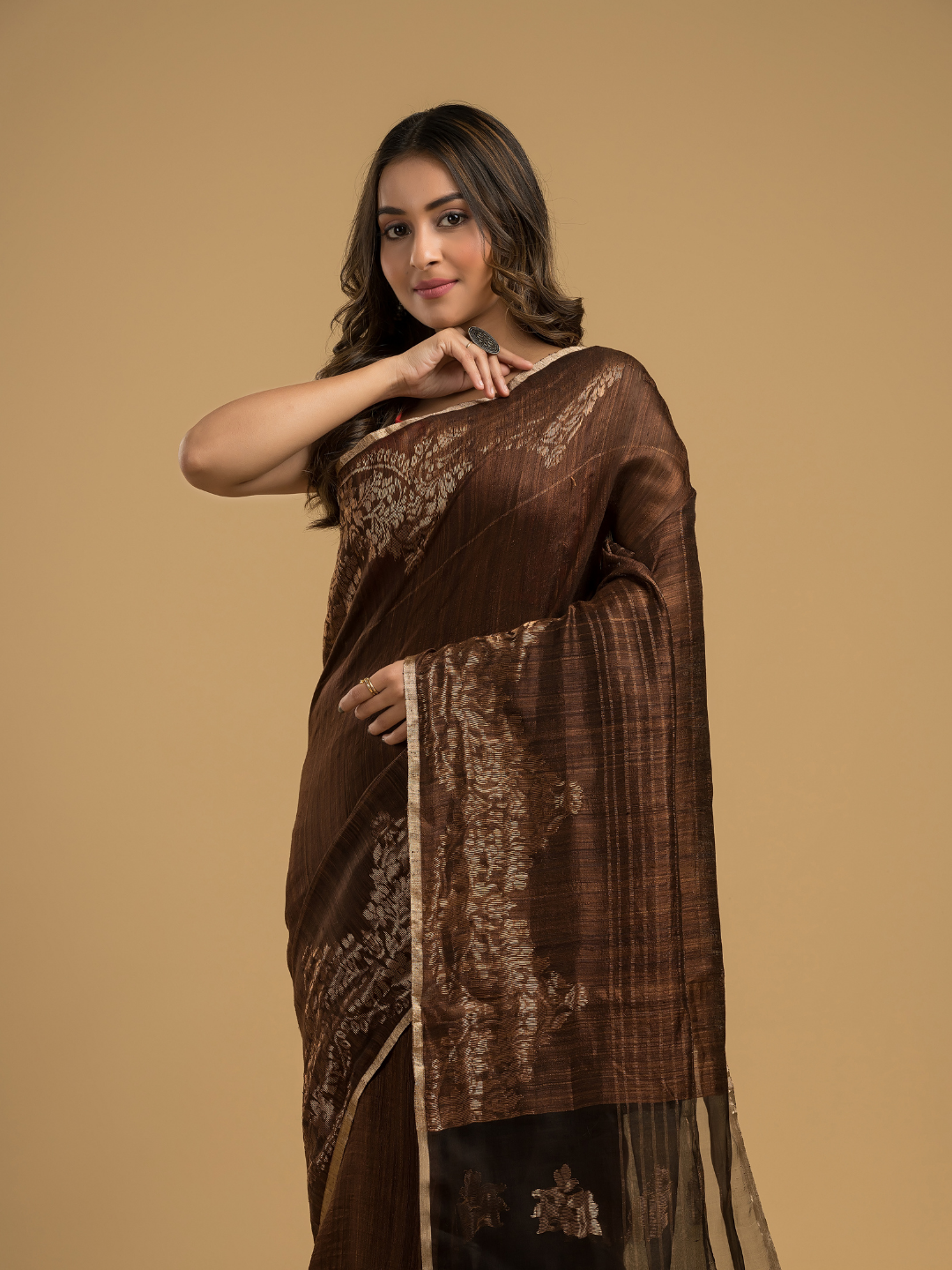 Matka Silk Jamdani Saree With Dark Brown and Black - 029