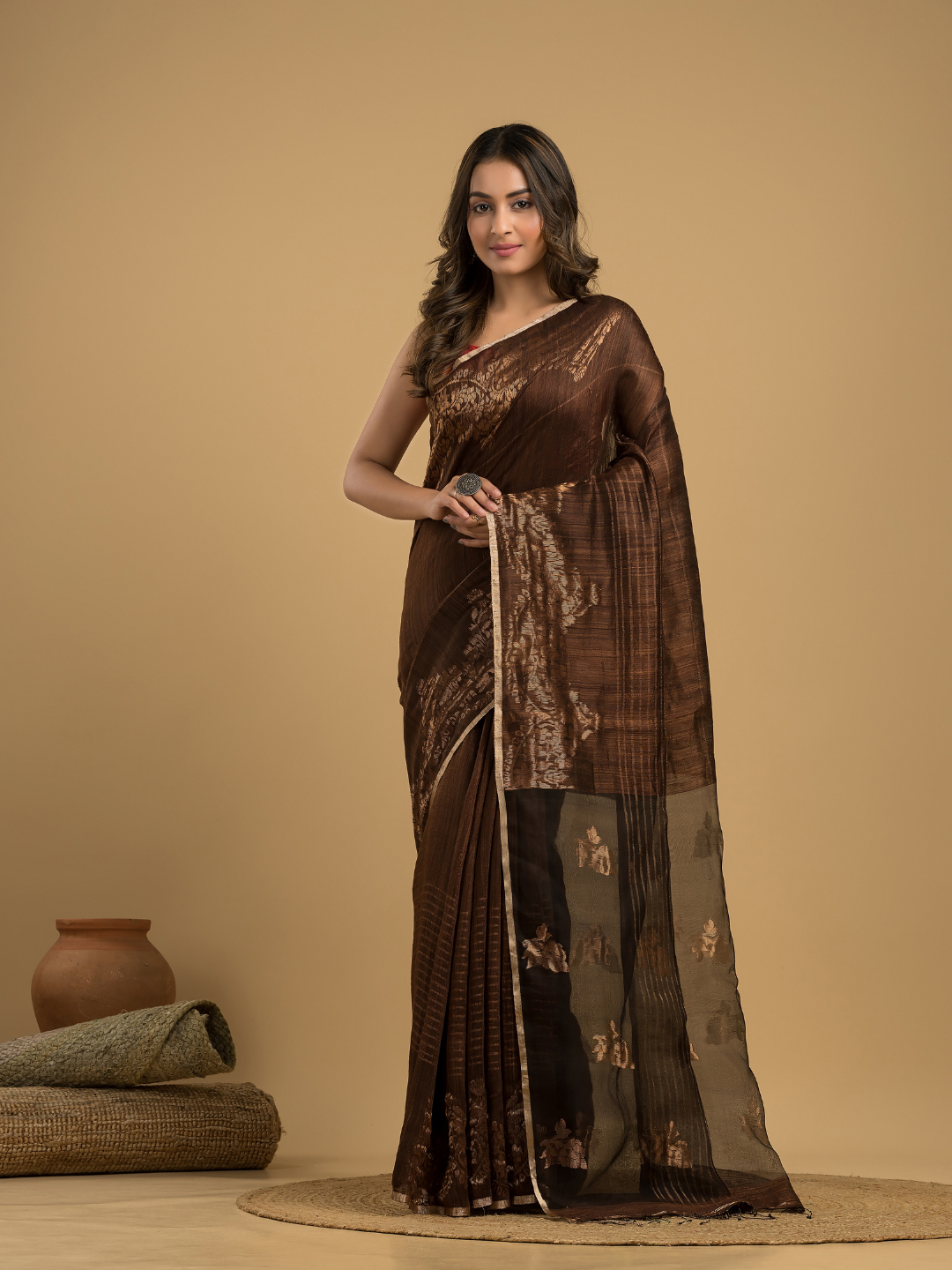 Matka Silk Jamdani Saree With Dark Brown and Black - 029