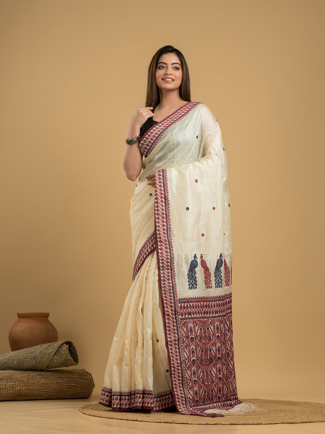 Tussar Silk  Silk Jamdani Saree With Cream White - 030