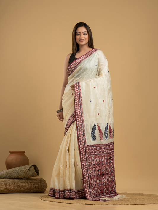 Tussar Silk  Silk Jamdani Saree With Cream White - 030