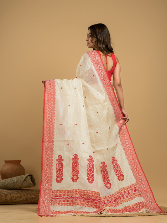 Tussar Silk Silk Jamdani Saree  With Lace White and Red Border - 031