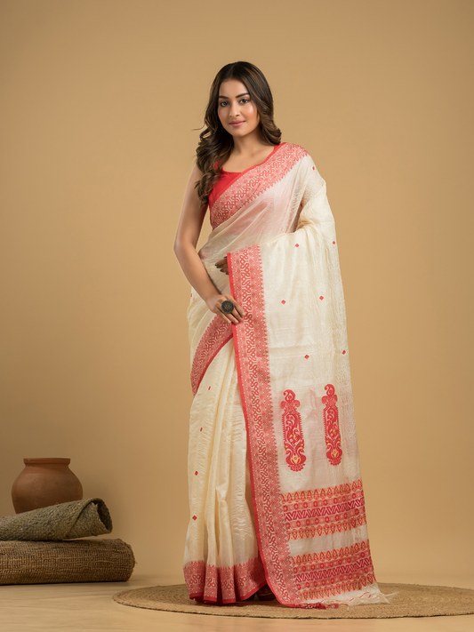 Tussar Silk Silk Jamdani Saree  With Lace White and Red Border - 031