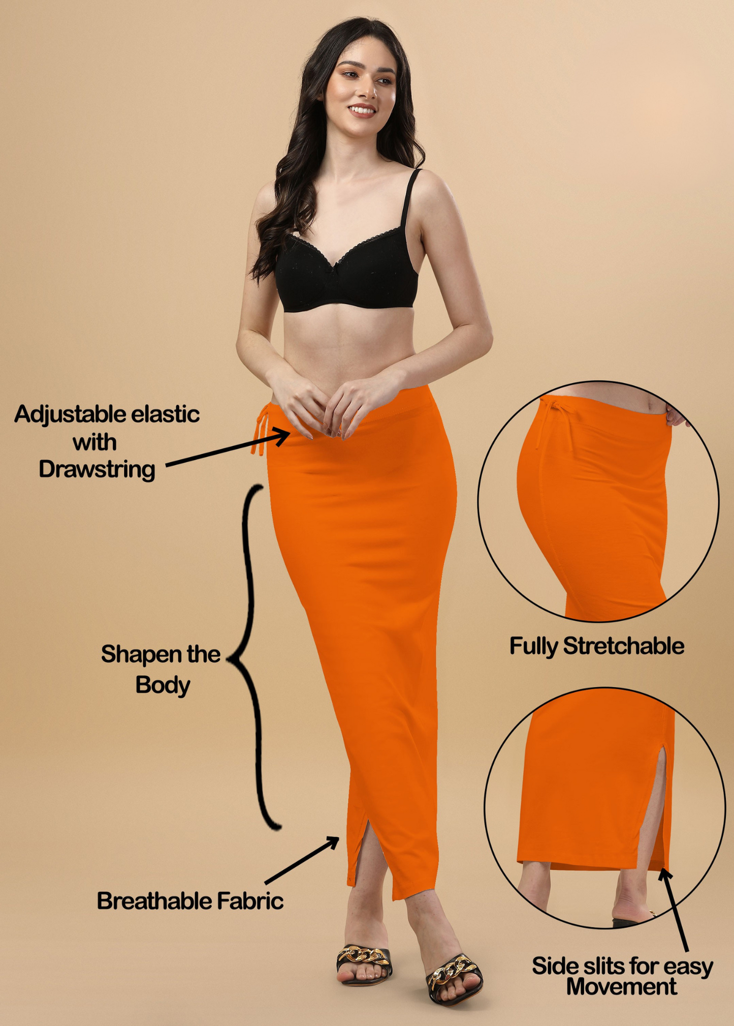 Saree Shapewear Straight Cut Rope Style In Neon Orange Color - 018