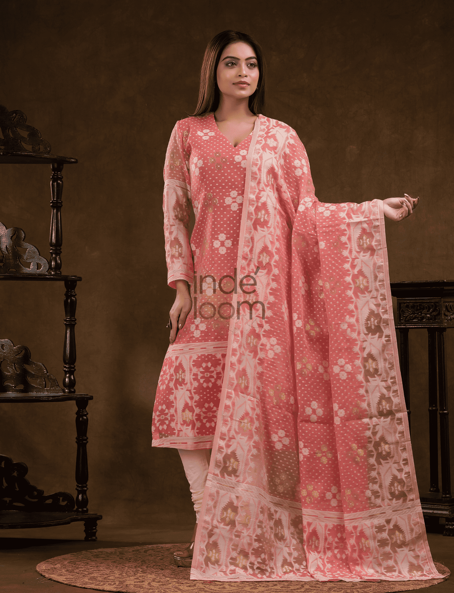 Coral Pink Cotton Silk Jamdani 2-Piece Set Kurti & Dupatta (UNSTITCHED) - 376