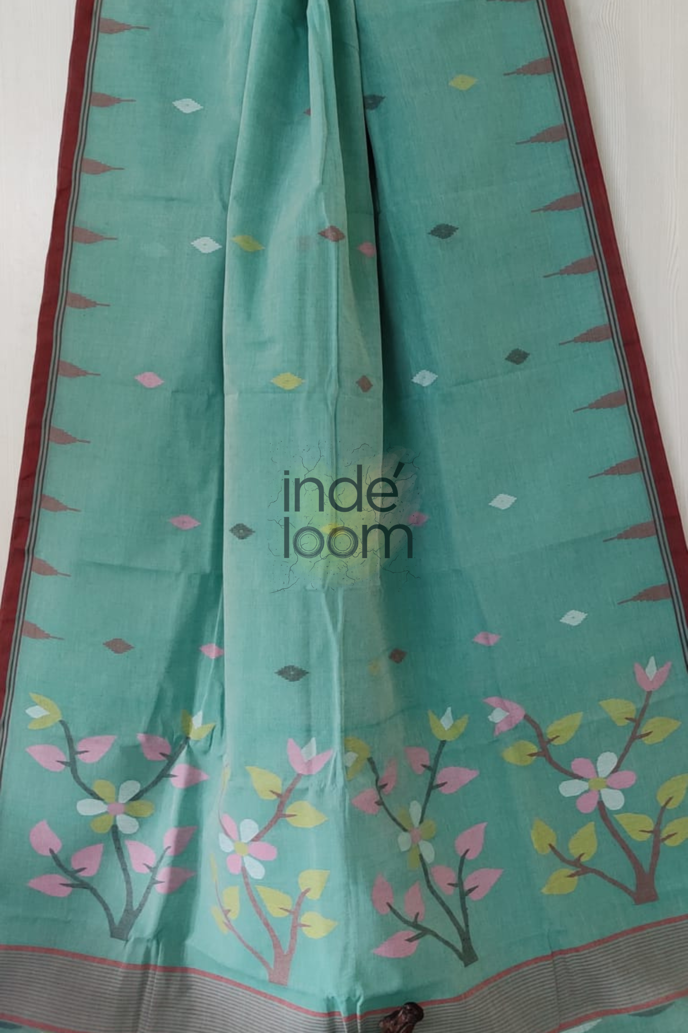 Floral Teal Blue Bengal Pure Cotton Jamdani Saree-025