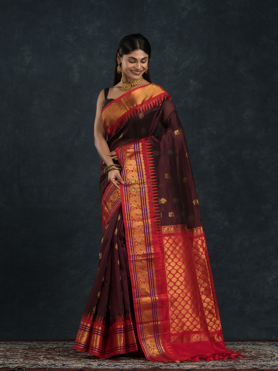 Ink Black and Red Border  Korvai Saree - 097