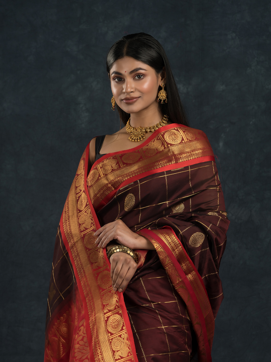 Korvai Saree With Dark Brown and Golden Red Border - 123