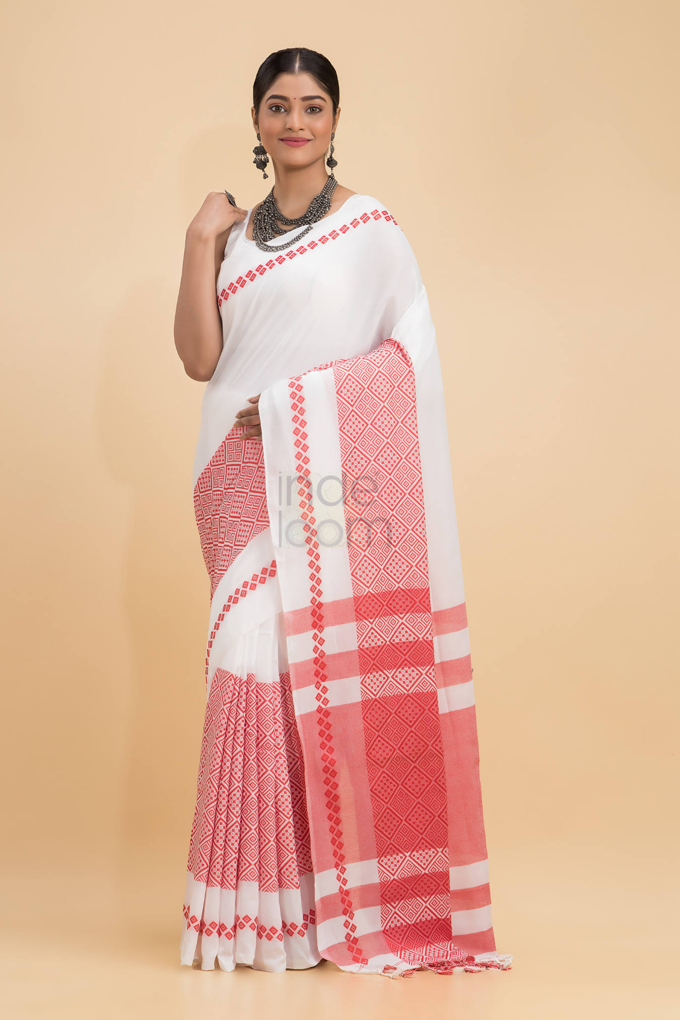 Dewali Saree Handloom Cotton  in Red and White Border-003