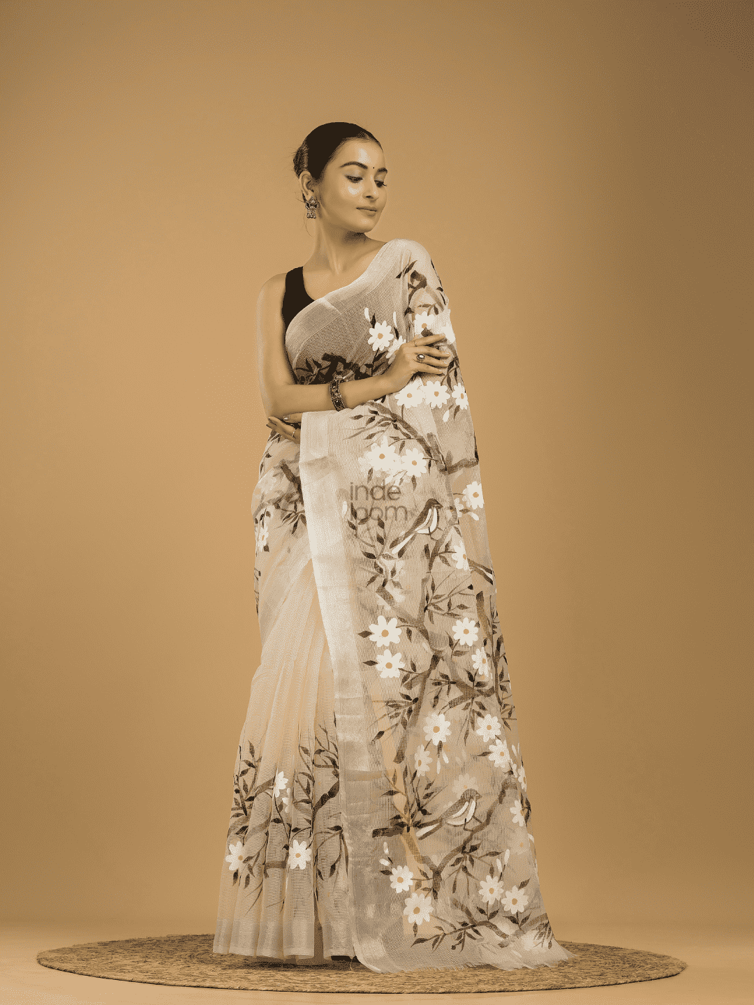 Kota Doria Handpainted  Saree With Lace White  - 003