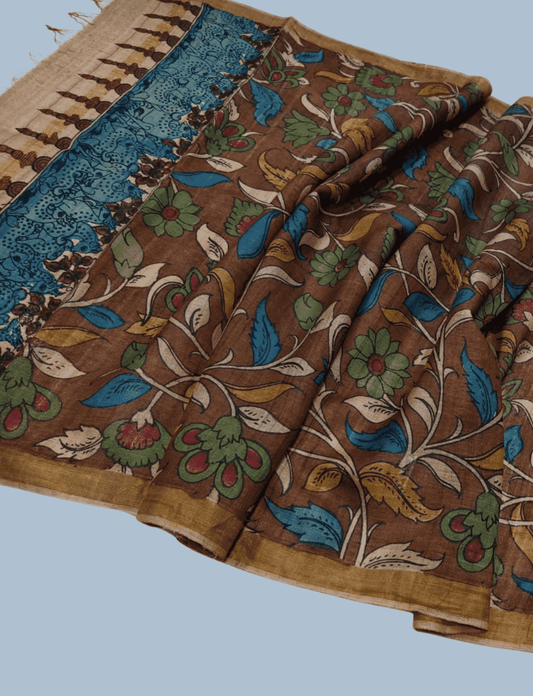 Pen Kalamkari Tussar Silk Dupatta in Chestnut Brown -022