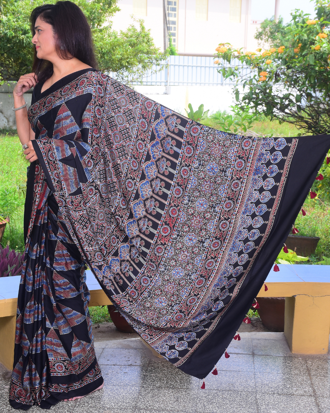 Ajrakh Exclusive Designer Modal Silk in Black, Blue and Maroon with Intricate Pattern - 032