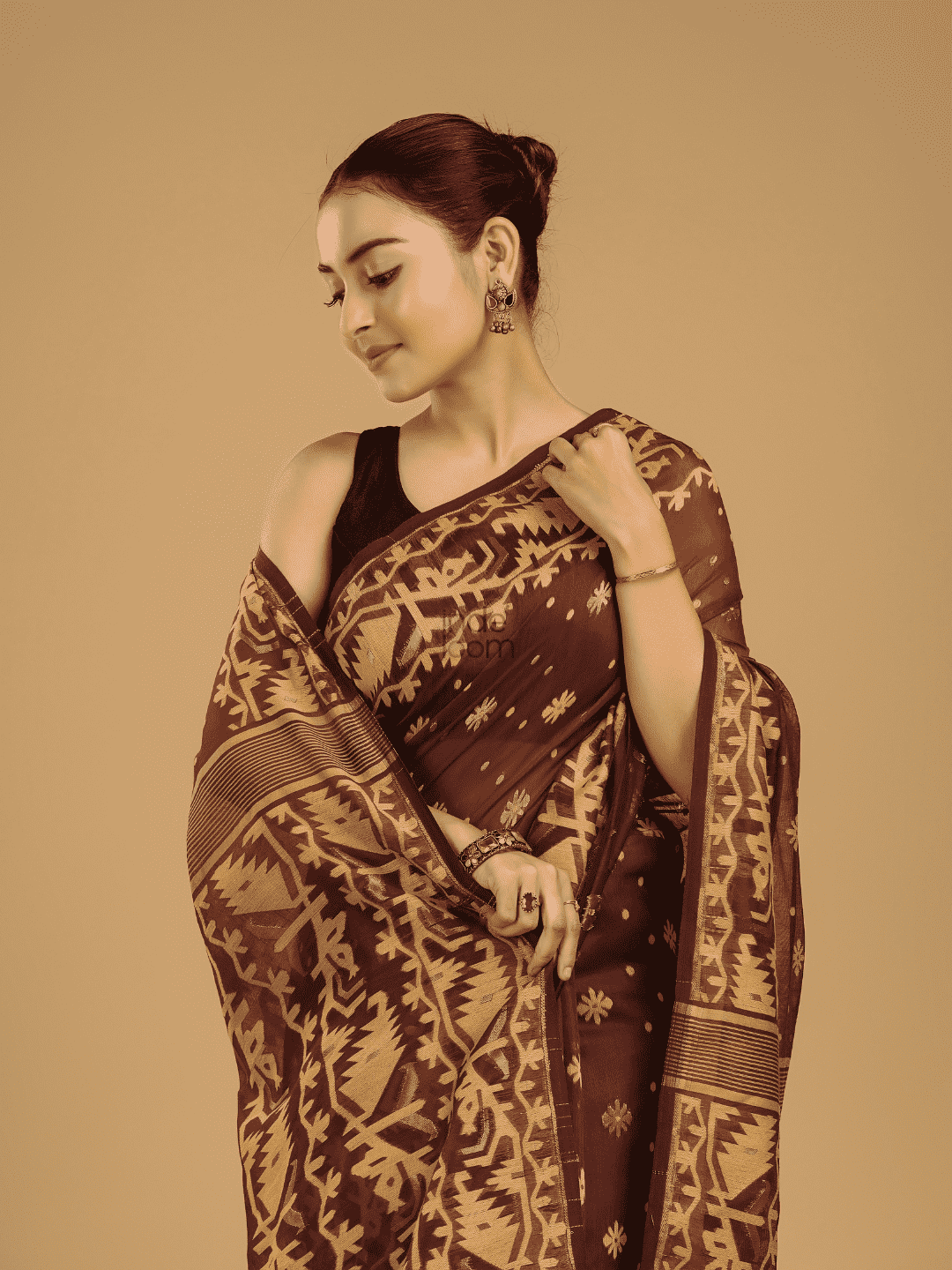 Dark Brown Soft Silk Jamdani Saree - 003