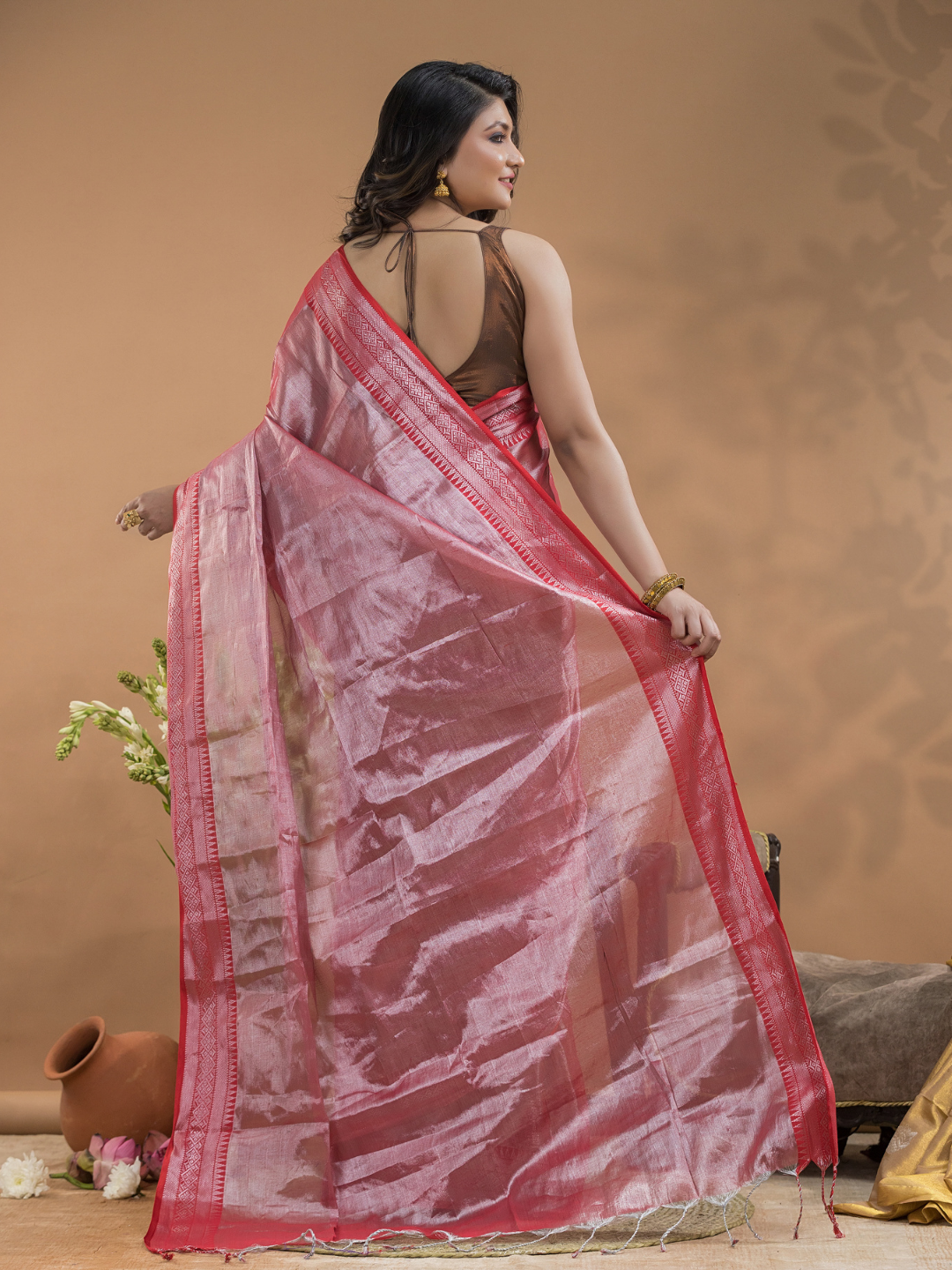 Rose Pink with Pink Border Tissue Silk Saree-028