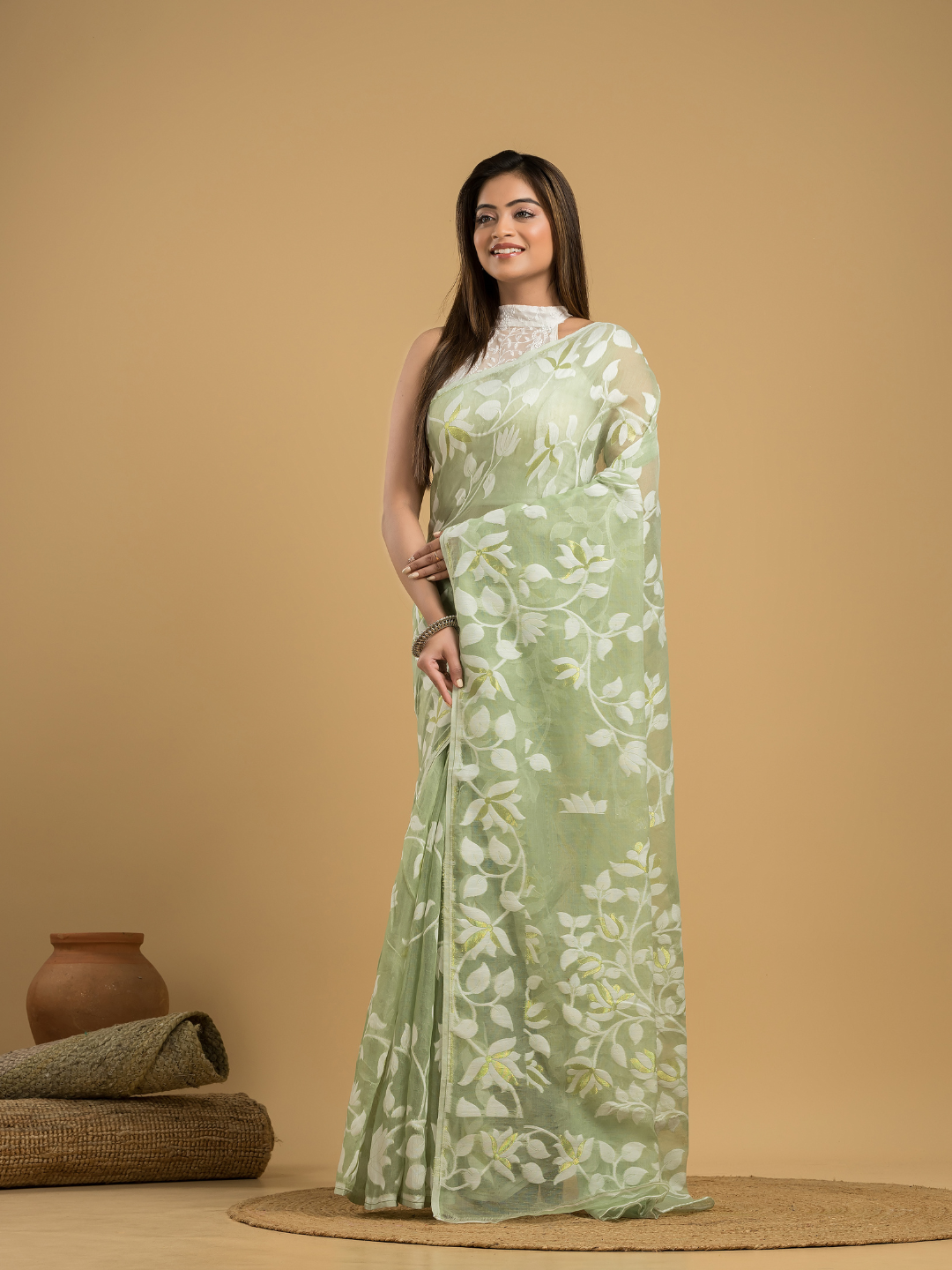 Light Green Cotton Silk Jamdani Saree - 032