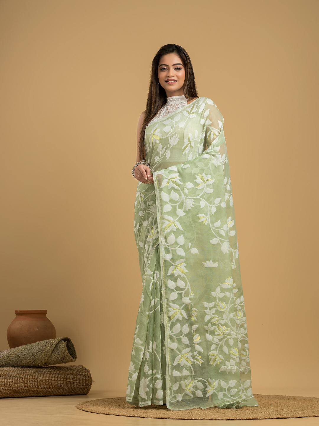 Light Green Cotton Silk Jamdani Saree - 032