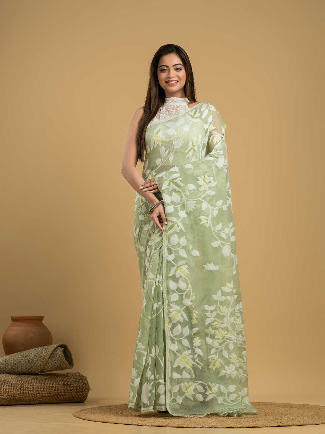 Light Green Cotton Silk Jamdani Saree - 032