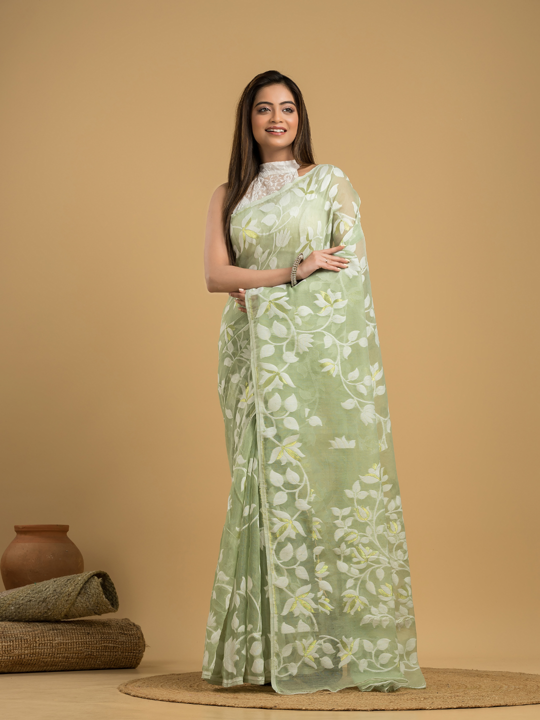 Light Green Cotton Silk Jamdani Saree - 032