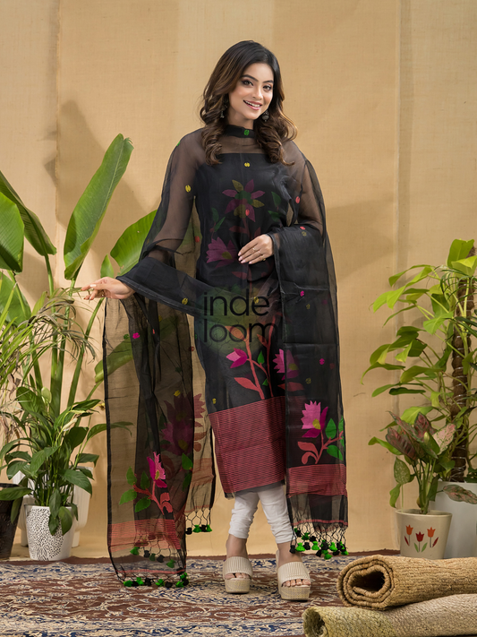 Coal Black Jamdani 2-Piece Set Kurti & Dupatta (UNSTITCHED) -740
