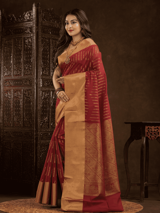 Cherry Red Cotton Silk Saree - 017