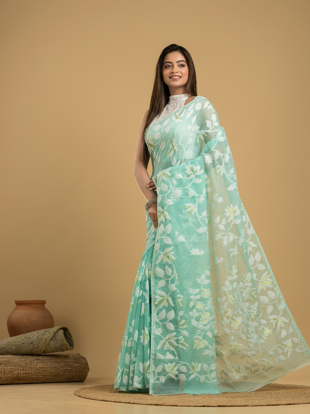 Baby Blue Cotton Silk Jamdani Saree - 033