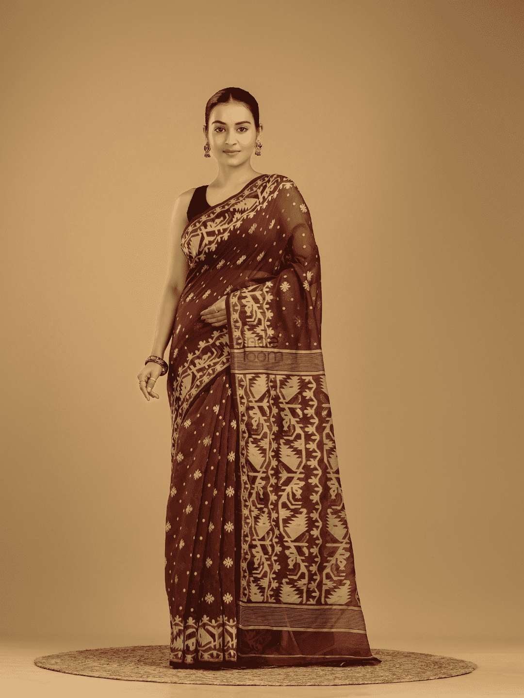 Dark Brown Soft Silk Jamdani Saree - 003