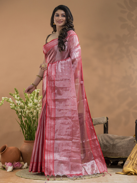 Rose Pink with Pink Border Tissue Silk Saree-028