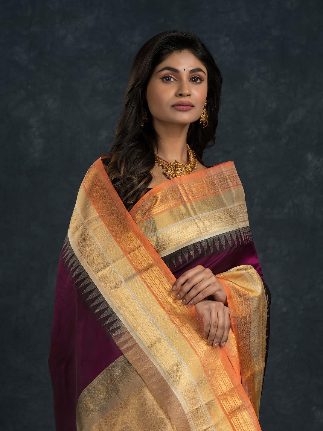 Korvai Saree with Temple border Blood Red with Beige and Golden Orange Border - 119