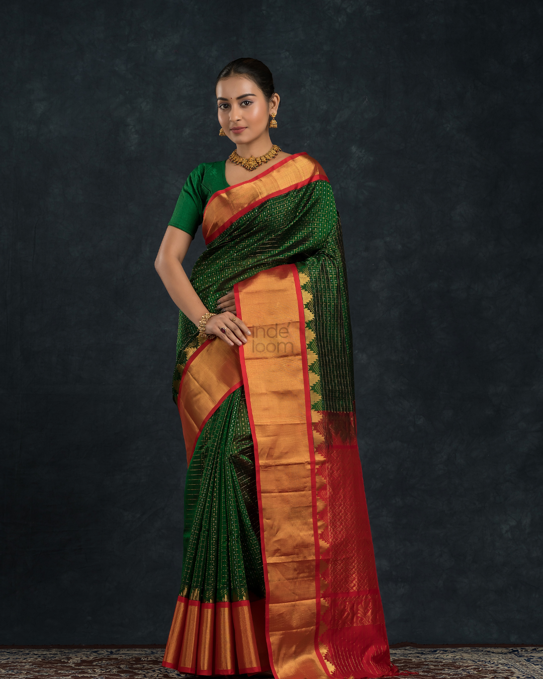 Pure handloom Korvai Lakshadeepam Silk cotton Saree with grand border in Pine Green and Golden Red Border - 133