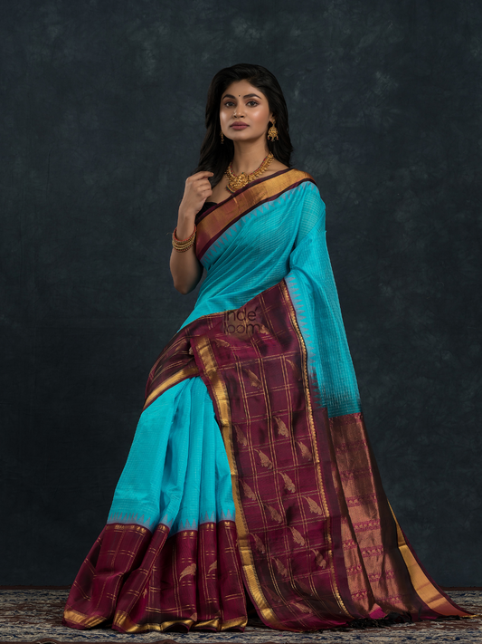 Korvai Saree with Parrot motifs on Zari Checks border bright Blue with Purple border - 131