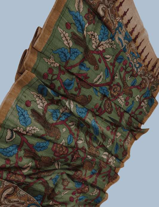 Pen Kalamkari Tussar Silk Dupatta in Light Green -037