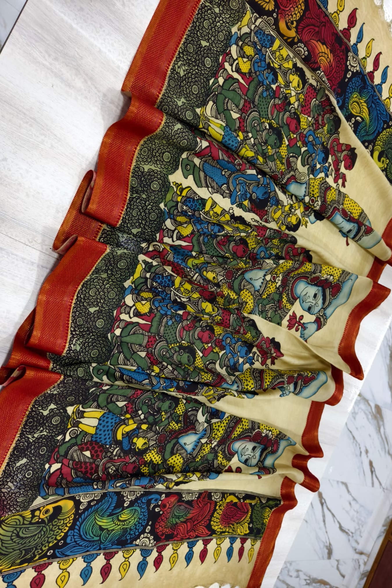 Multi colour  Design Bangalore Silk Story Pen Kalamkari Dupatta -040