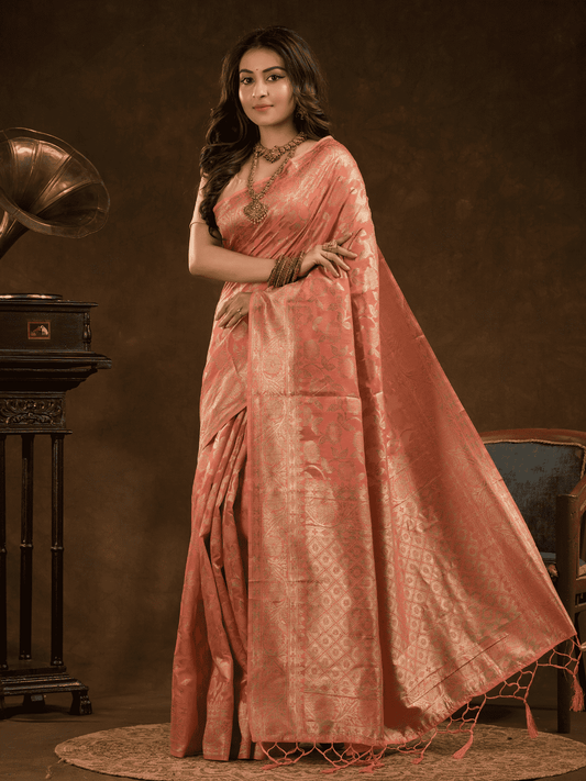 Chanderi Silk Floral Saree in Peach Pink (Precision Looms) -010