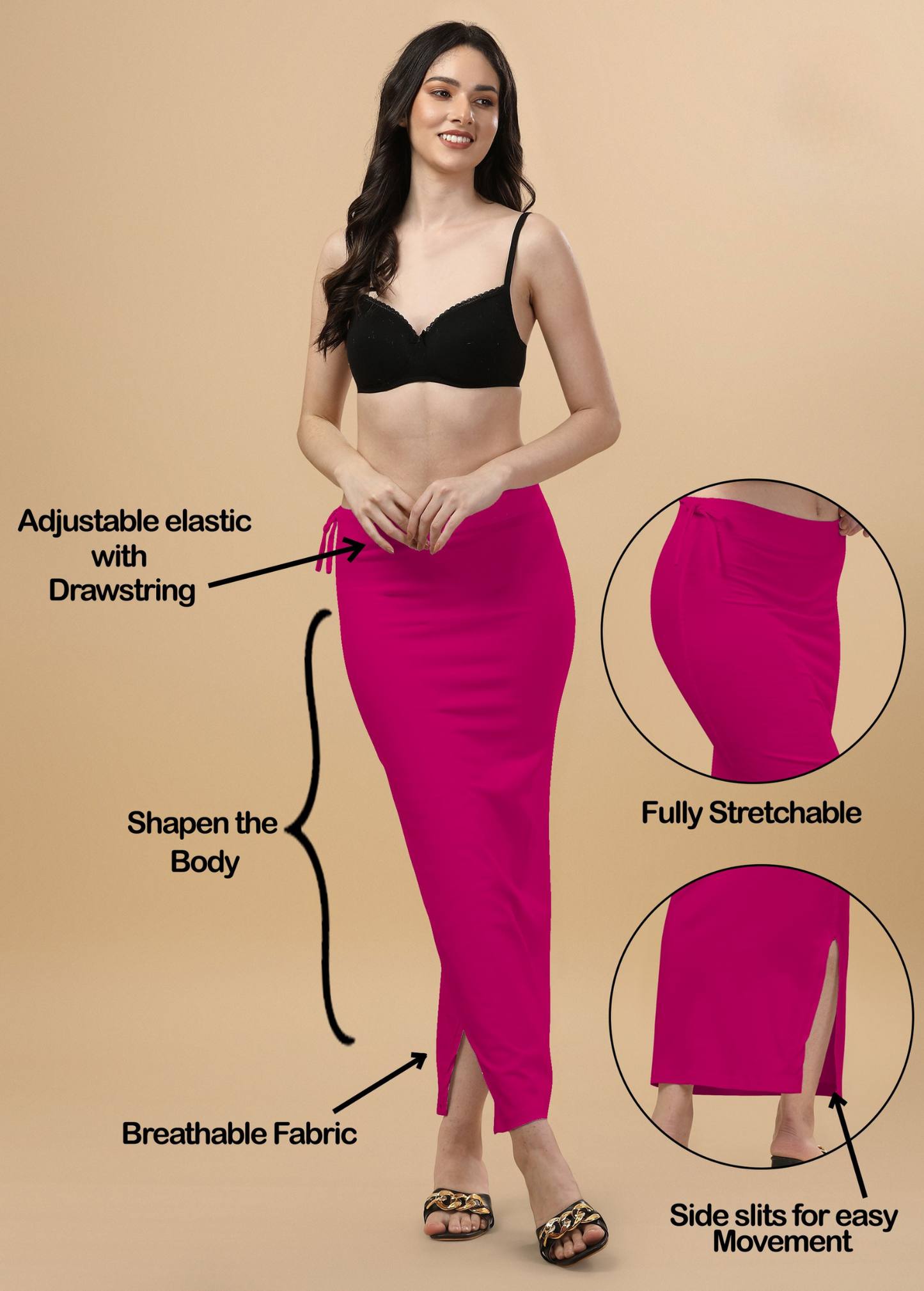 Saree Shapewear Straight Cut Rope Style In Deep Pink Color - 001