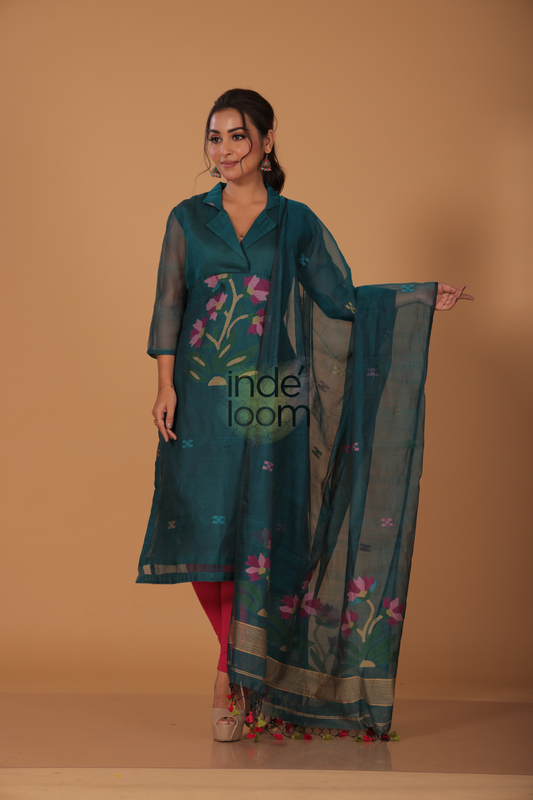 Muslin Jamdani 2-Piece Set Kurti & Dupatta (UNSTITCHED) - Dark Green - 073