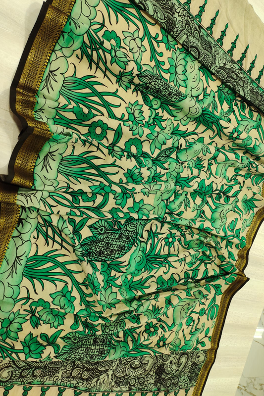 Lime Green Design Cotton  Story Theme Pen Kalamkari Dupatta -030